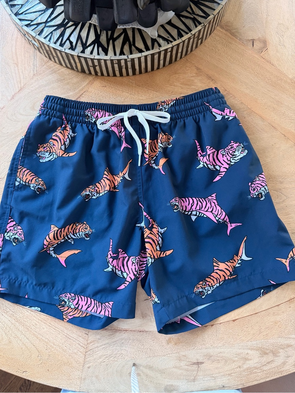 Chubbies Navy Swim Shorts with Pink & Orange Print